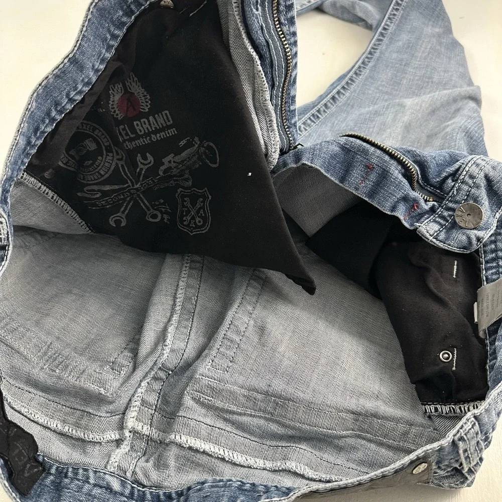 TK Axel Vintage Boot Cut Flap Pockets Jeans Men Fits 38x31 Denim Blue Distressed